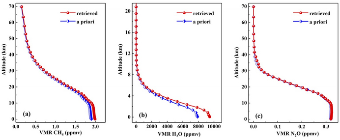 The retrieved vertical concentration profiles of CH4, water vapour and N2O