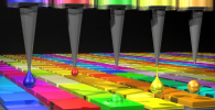 In this illustration, the Quantum Dot (QD) spectrometer device is printing QD filters—a key fabrication step. Other spectrometer approaches have complicated systems in order to create the optical structures needed. Here in the QD spectrometer approach, the optical structure, QD filters, are generated by printing liquid droplets. This approach is unique and advantageous in terms of flexibility, simplicity and cost reduction. Image: Mary O’Reilly