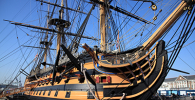 Photo of the preserved HMS Victory in Portsmouth Dockyard, UK.